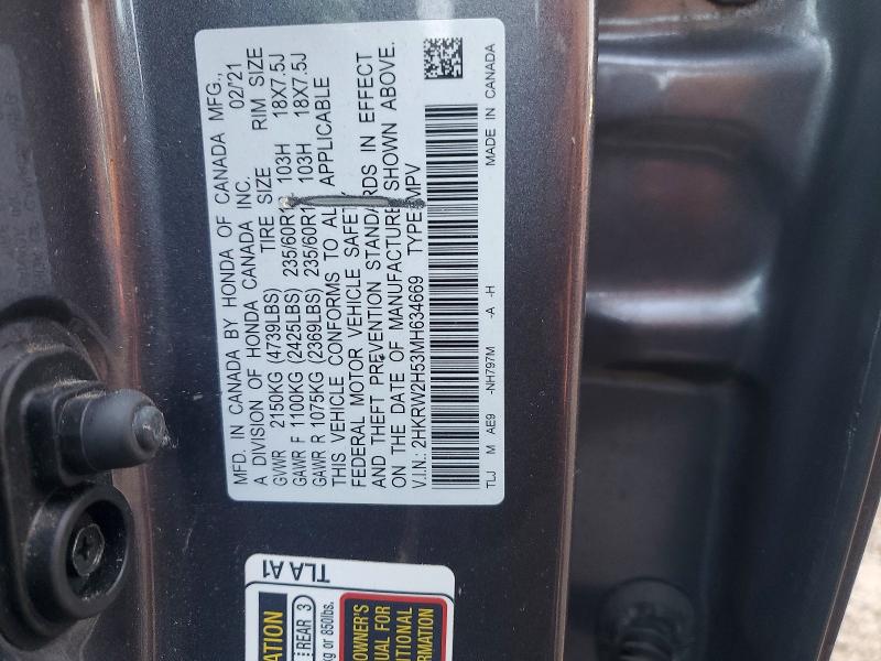 2021 Honda Cr-v მანქანა იყიდება აუქციონზე, vin: 2HKRW2H53MH634669, აუქციონის ნომერი: 69914676