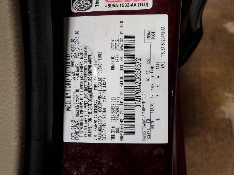 2012 Ford Fusion მანქანა იყიდება აუქციონზე, vin: 3FAHP0JA2CR358572, აუქციონის ნომერი: 69506366