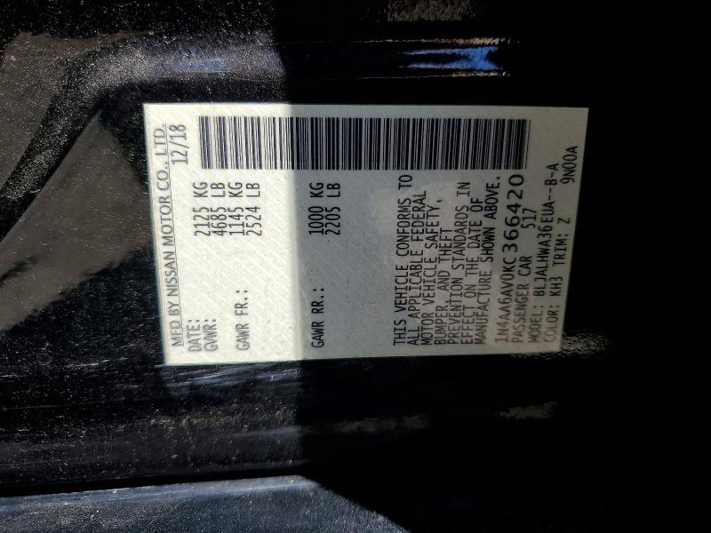 69396466 :رقم المزاد ، 1N4AA6AV0KC366420 vin ، 2019 Nissan Maxima مزاد بيع
