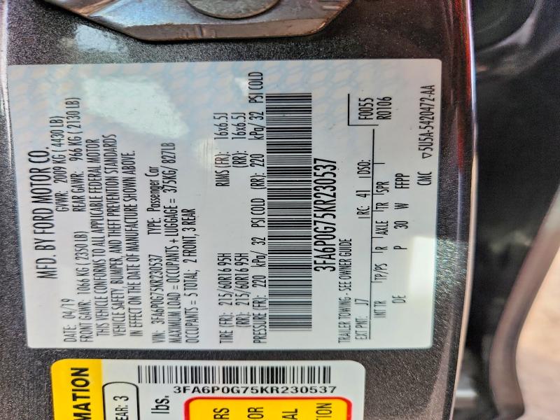 Продаж на аукціоні авто 2019 Ford Fusion, vin: 3FA6P0G75KR230537, номер лоту: 68002866