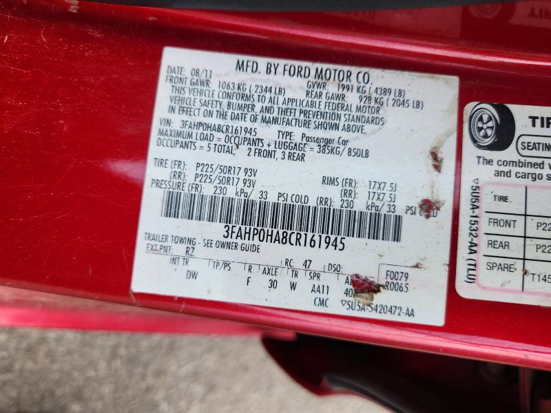 2012 Ford Fusion მანქანა იყიდება აუქციონზე, vin: 3FAHP0HA8CR161945, აუქციონის ნომერი: 68888356