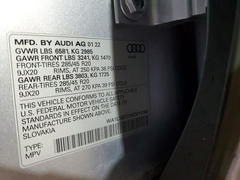 2022 Audi Q7 მანქანა იყიდება აუქციონზე, vin: WA1LXBF77ND010155, აუქციონის ნომერი: 69922046