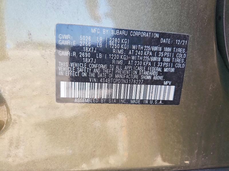 Aukcja sprzedaży 2022 Subaru Outback, vin: 4S4BTGPD1N3178227, numer aukcji: 67784676