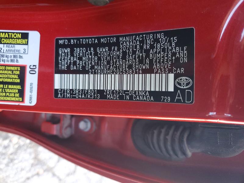 Aukcja sprzedaży 2016 Toyota Corolla, vin: 2T1BURHE2GC538314, numer aukcji: 71004676