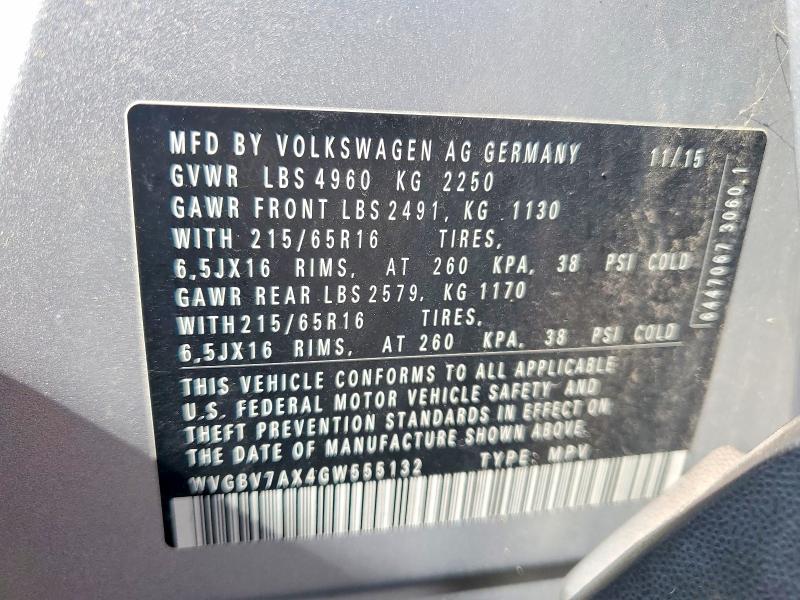 67499616 :رقم المزاد ، WVGBV7AX4GW555132 vin ، 2016 Volkswagen Tiguan مزاد بيع