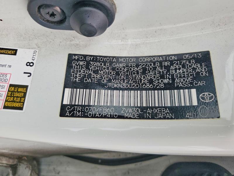 69801086 :رقم المزاد ، JTDKN3DU2D1686728 vin ، 2013 Toyota Prius مزاد بيع