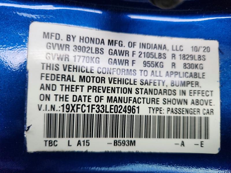 Продажа на аукционе авто 2020 Honda Civic, vin: 19XFC1F33LE024961, номер лота: 68709686