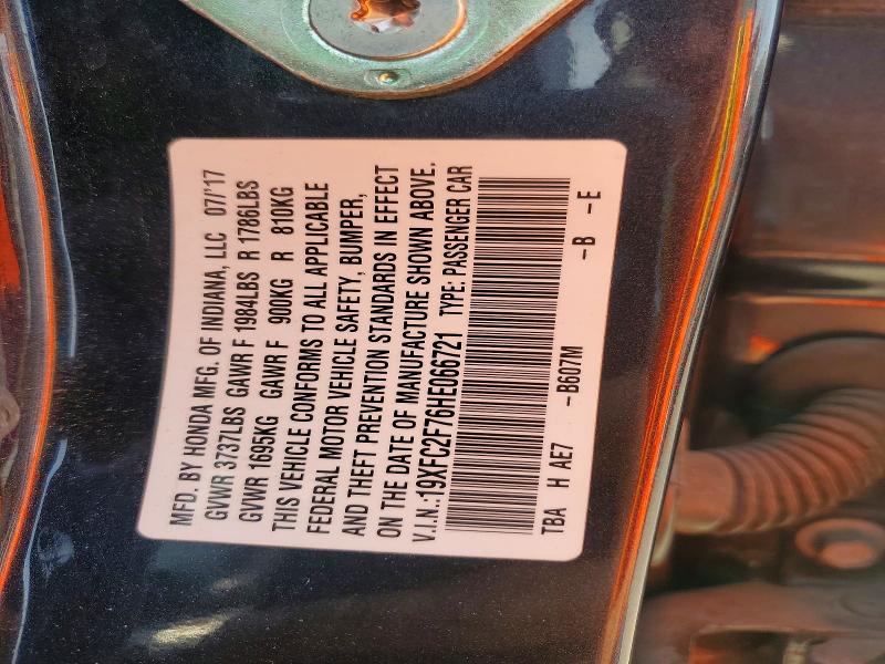 69800296 :رقم المزاد ، 19XFC2F76HE066721 vin ، 2017 Honda Civic مزاد بيع