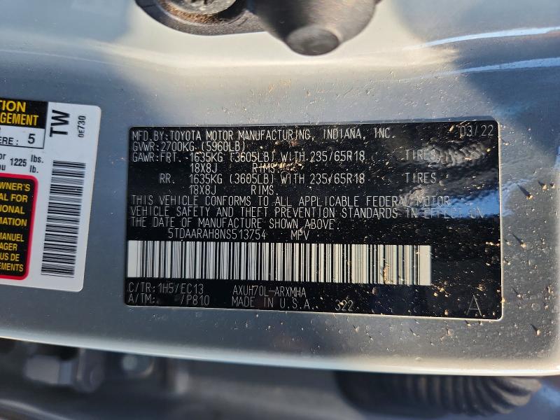 70695806 :رقم المزاد ، 5TDAARAH8NS513754 vin ، 2022 Toyota Highlander Hybrid مزاد بيع