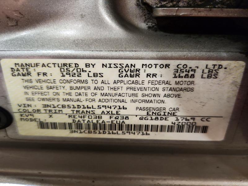 68996546 :رقم المزاد ، 3N1CB51D16L594716 vin ، 2006 Nissan Sentra مزاد بيع