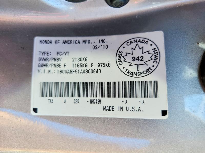 62538046 :رقم المزاد ، 19UUA8F51AA800643 vin ، 2010 Acura Tl مزاد بيع