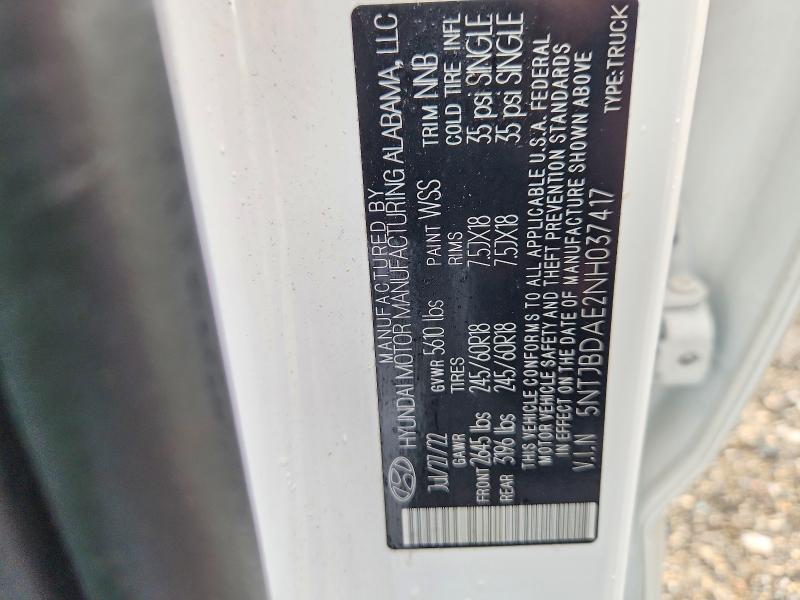 2022 Hyundai Santa Cruz მანქანა იყიდება აუქციონზე, vin: 5NTJBDAE2NH037417, აუქციონის ნომერი: 69206546