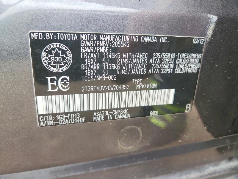 Продаж на аукціоні авто 2012 Toyota Rav4, vin: 2T3RF4DV2CW204852, номер лоту: 68042856