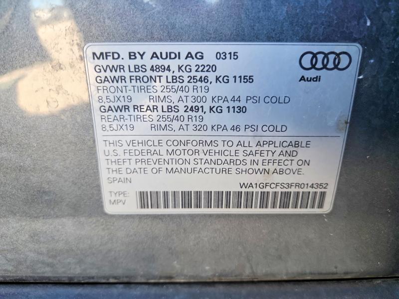 Auction sale of the 2015 Audi Q3, vin: WA1GFCFS3FR014352        , lot number: 68971276
