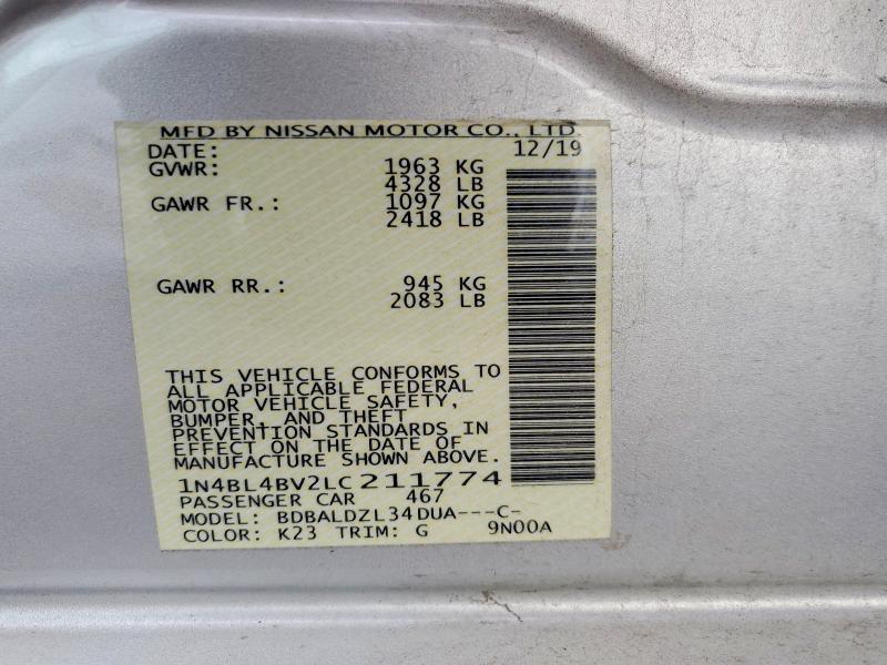 2020 Nissan Altima მანქანა იყიდება აუქციონზე, vin: 1N4BL4BV2LC211774, აუქციონის ნომერი: 67874426