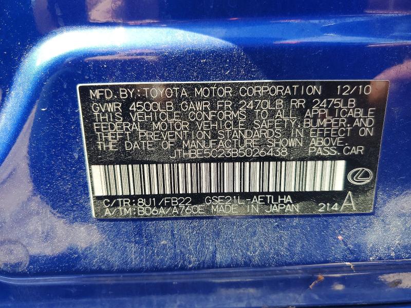 67709966 :رقم المزاد ، JTHBE5C23B5026438 vin ، 2011 Lexus Is مزاد بيع