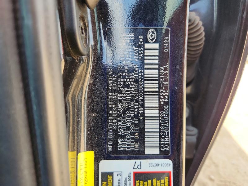2012 Toyota Camry მანქანა იყიდება აუქციონზე, vin: 4T1BF1FK0CU087753, აუქციონის ნომერი: 69363166