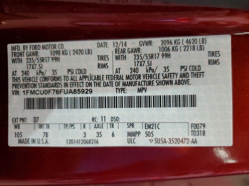 Продажа на аукционе авто 2015 Ford Escape, vin: 1FMCU0F76FUA85929        , номер лота: 69122426
