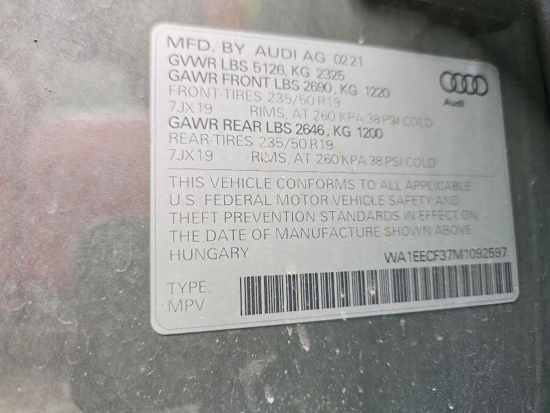 2021 Audi Q3 მანქანა იყიდება აუქციონზე, vin: WA1EECF37M1092597, აუქციონის ნომერი: 68987816