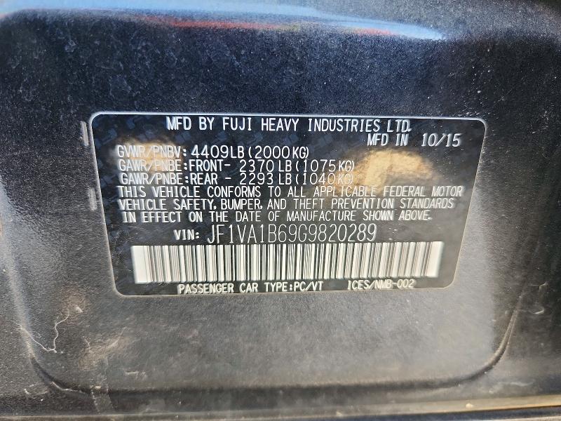 2016 Subaru Wrx მანქანა იყიდება აუქციონზე, vin: JF1VA1B69G9820289        , აუქციონის ნომერი: 68694906