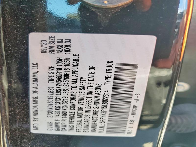 68222956 :رقم المزاد ، 5FPYK3F15LB022314 vin ، 2020 Honda Ridgeline مزاد بيع