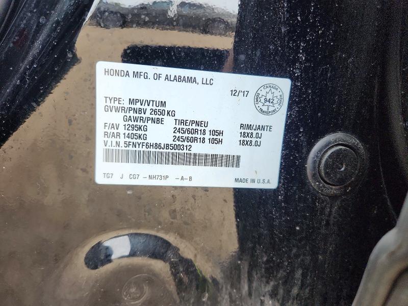 Продажа на аукционе авто 2018 Honda Pilot, vin: 5FNYF6H86JB500312, номер лота: 69011436