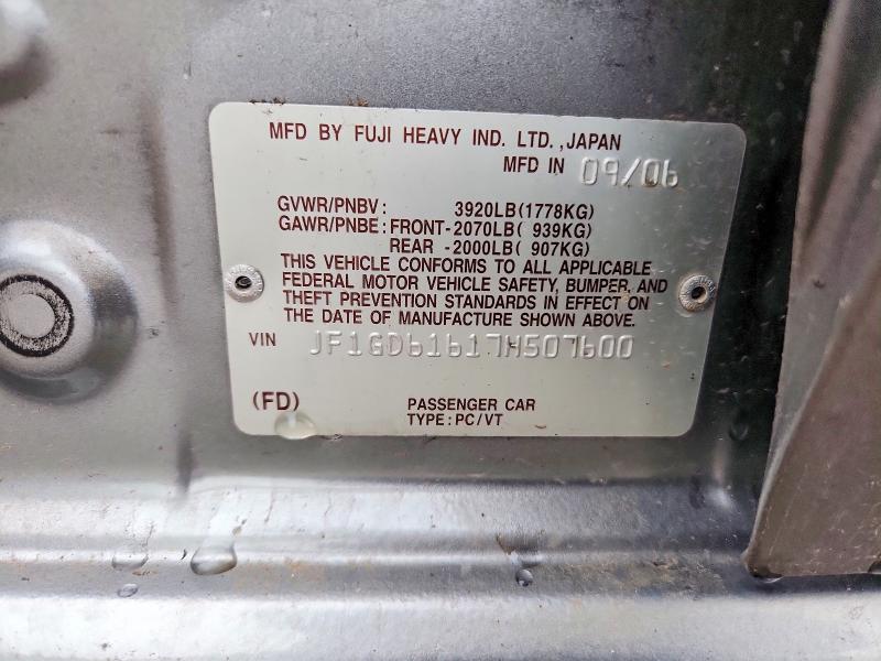 2007 Subaru Impreza მანქანა იყიდება აუქციონზე, vin: JF1GD61617H507600, აუქციონის ნომერი: 71194606