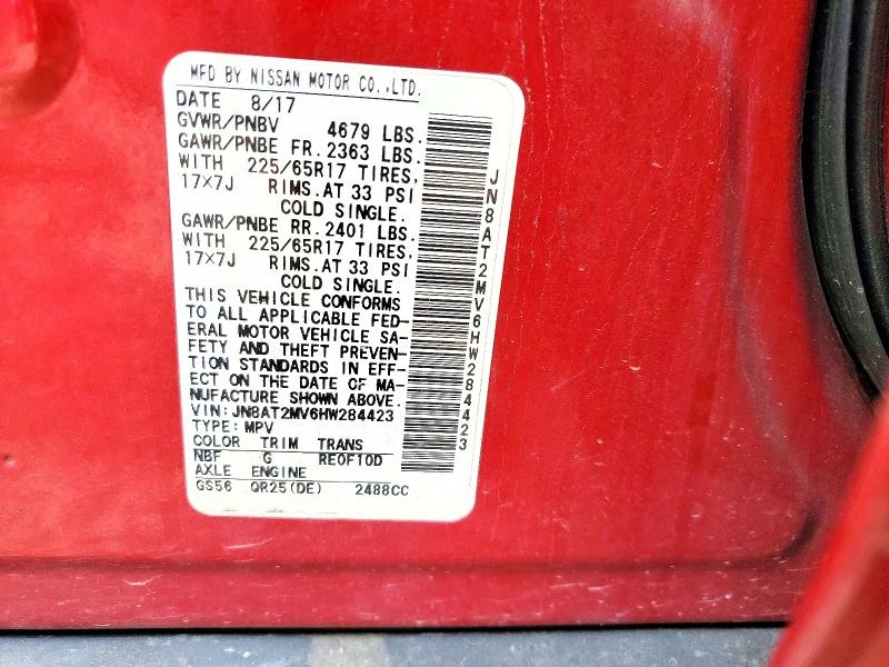 2017 Nissan Rogue მანქანა იყიდება აუქციონზე, vin: JN8AT2MV6HW284423, აუქციონის ნომერი: 68085426