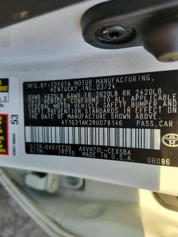 2024 Toyota Camry Hybrid მანქანა იყიდება აუქციონზე, vin: 4T1G31AK2RU078146, აუქციონის ნომერი: 69108456