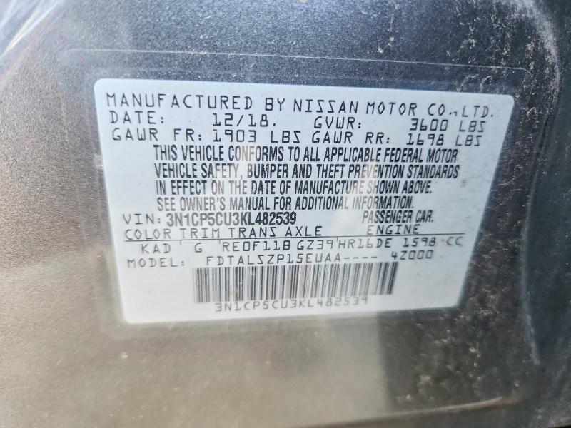 67564106 :رقم المزاد ، 3N1CP5CU3KL482539 vin ، 2019 Nissan Kicks مزاد بيع