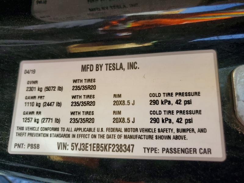 Продаж на аукціоні авто 2019 Tesla Model 3, vin: 5YJ3E1EB5KF238347, номер лоту: 69042836