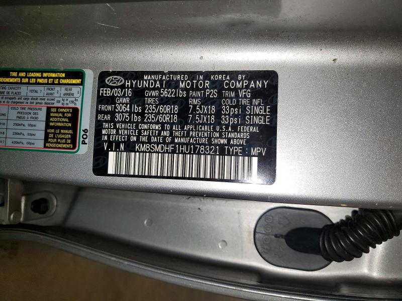 2017 Hyundai Santa Fe მანქანა იყიდება აუქციონზე, vin: KM8SMDHF1HU178321, აუქციონის ნომერი: 67679326
