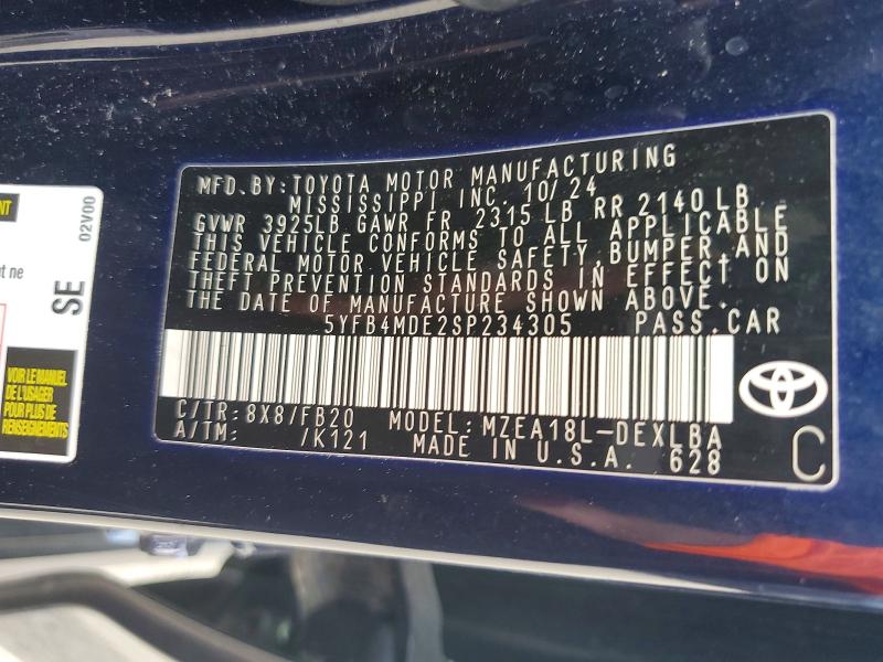 Продаж на аукціоні авто 2025 Toyota Corolla, vin: 5YFB4MDE2SP234305, номер лоту: 69205576