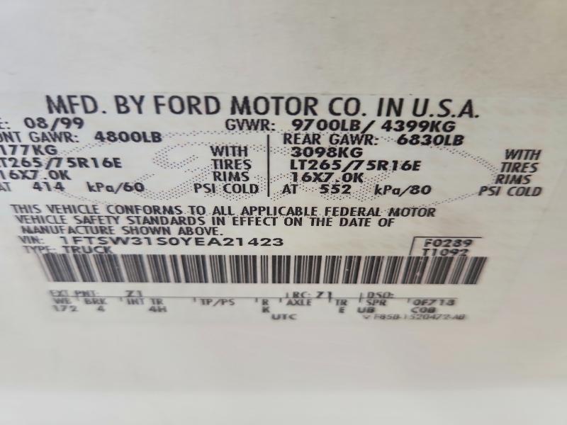 69738376 :رقم المزاد ، 1FTSW31S0YEA21423 vin ، 2000 Ford F350 مزاد بيع
