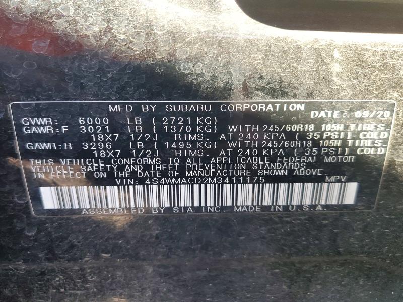 69370126 :رقم المزاد ، 4S4WMACD2M3411175 vin ، 2021 Subaru Ascent مزاد بيع