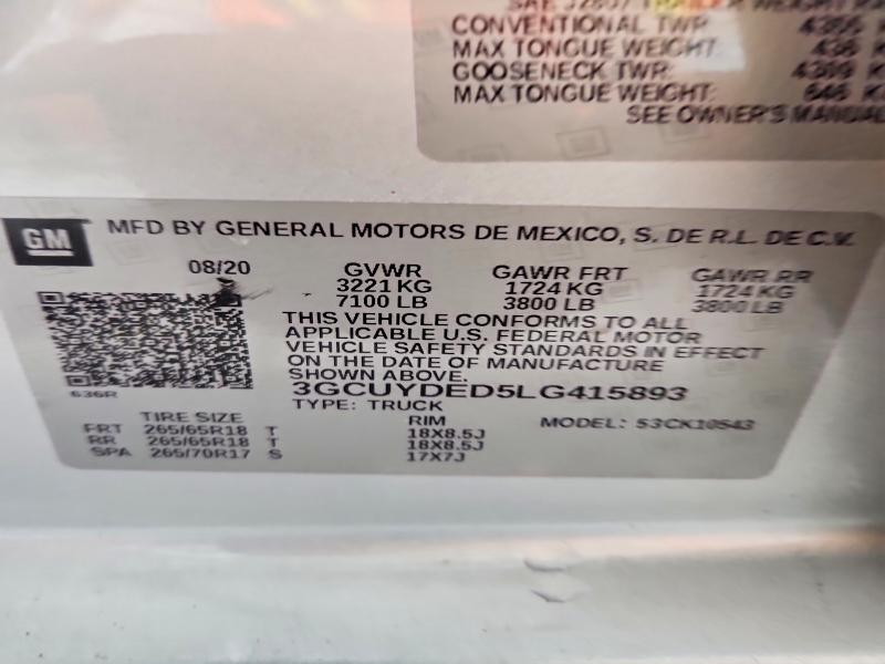 2020 Chevrolet Silverado მანქანა იყიდება აუქციონზე, vin: 3GCUYDED5LG415893, აუქციონის ნომერი: 67917256