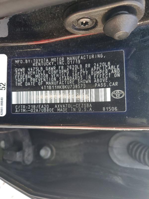 Продажа на аукционе авто 2019 Toyota Camry, vin: 4T1B11HK8KU738573, номер лота: 68344936
