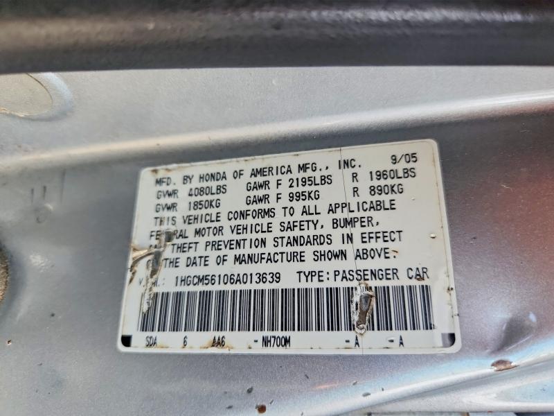 2006 Honda Accord მანქანა იყიდება აუქციონზე, vin: 1HGCM56106A013639, აუქციონის ნომერი: 70016656