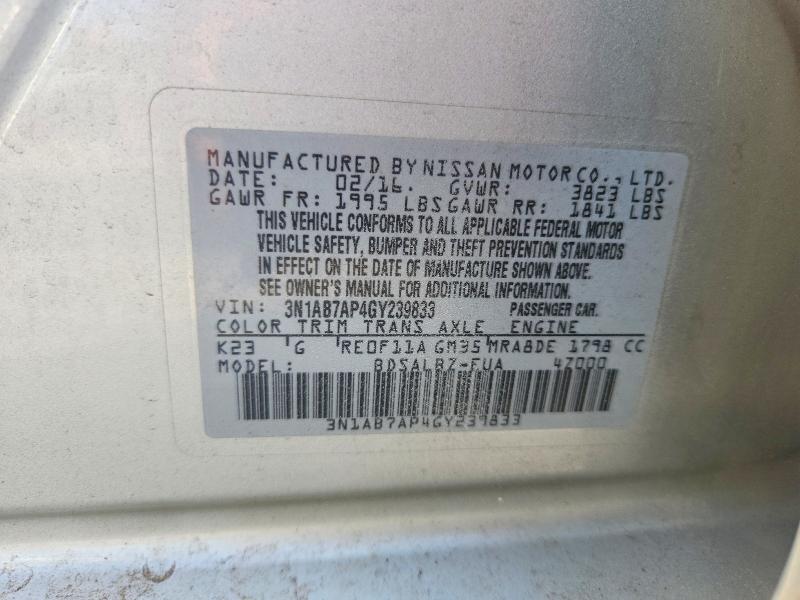 Продаж на аукціоні авто 2016 Nissan Sentra, vin: 3N1AB7AP4GY239833, номер лоту: 69608366