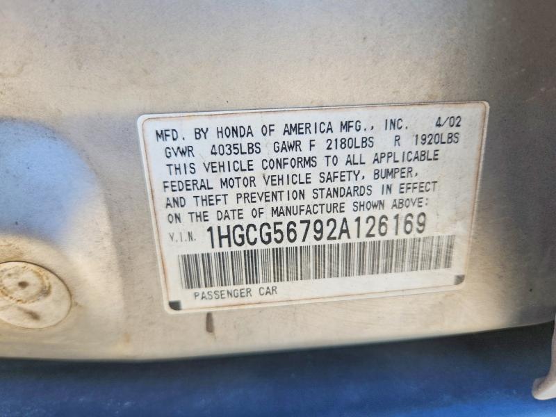 Aukcja sprzedaży 2002 Honda Accord, vin: 1HGCG56792A126169, numer aukcji: 69439446