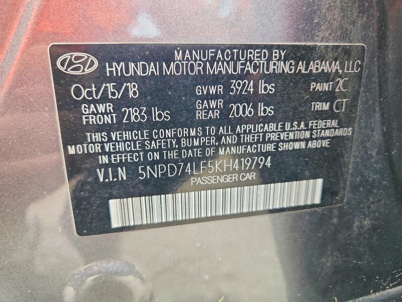 2019 Hyundai Elantra მანქანა იყიდება აუქციონზე, vin: 5NPD74LF5KH419794, აუქციონის ნომერი: 70009846