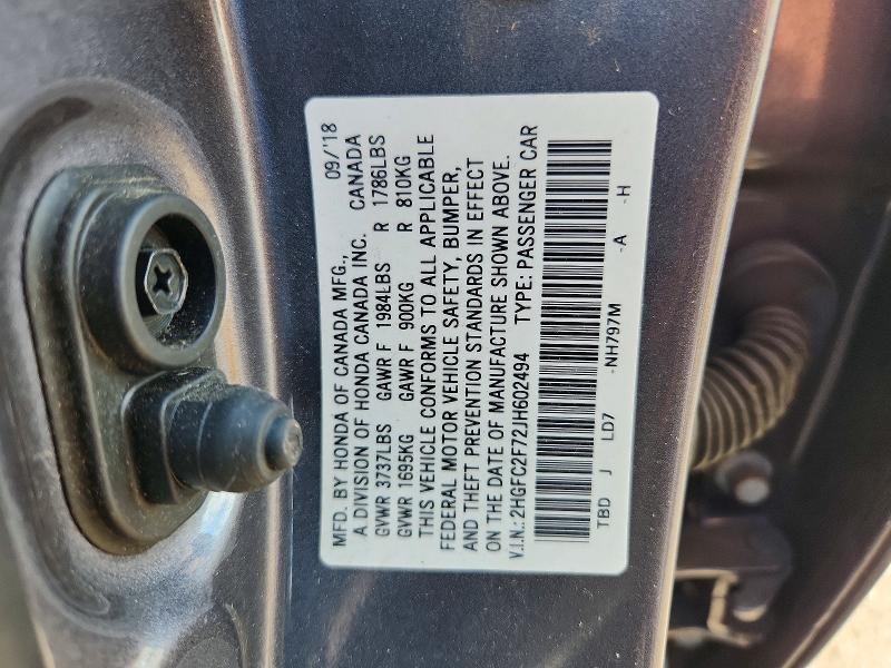 Aukcja sprzedaży 2018 Honda Civic, vin: 2HGFC2F72JH602494, numer aukcji: 67934006