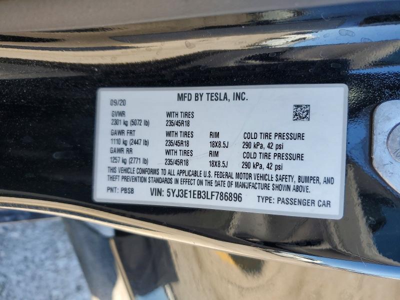 70862156 :رقم المزاد ، 5YJ3E1EB3LF786896 vin ، 2020 Tesla Model 3 مزاد بيع