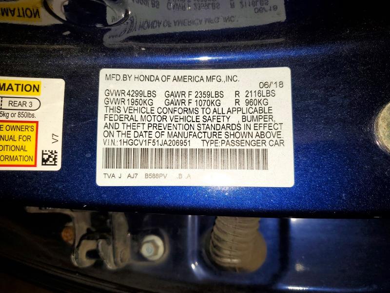 67984616 :رقم المزاد ، 1HGCV1F51JA206951 vin ، 2018 Honda Accord مزاد بيع