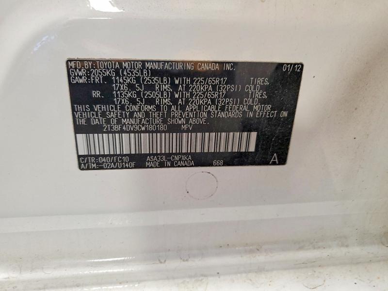 Aukcja sprzedaży 2012 Toyota Rav4, vin: 2T3BF4DV9CW180180, numer aukcji: 70111536