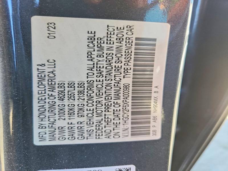 2023 Honda Accord მანქანა იყიდება აუქციონზე, vin: 1HGCY2F6XPA000980, აუქციონის ნომერი: 70028526