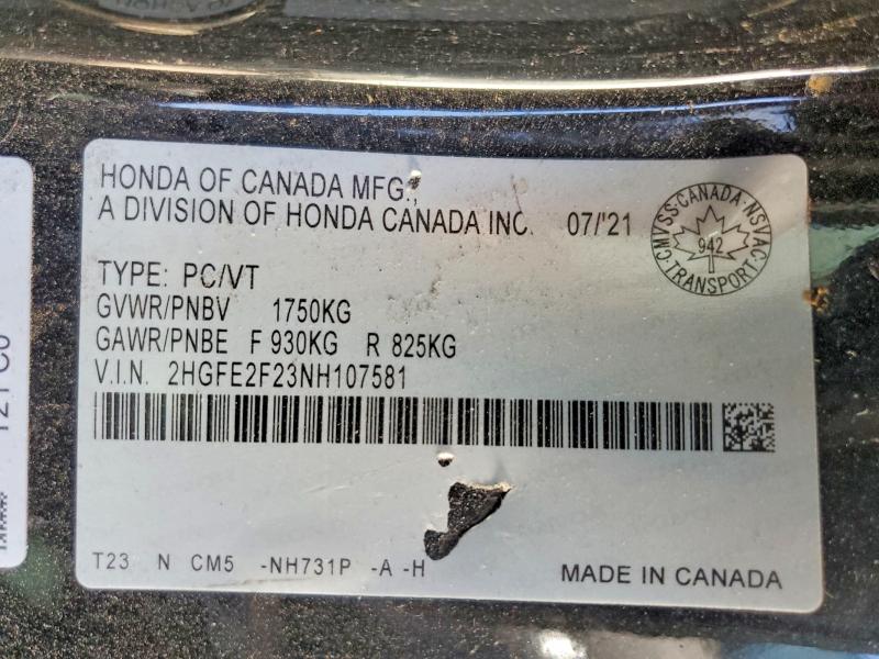 Продажа на аукционе авто 2022 Honda Civic, vin: 2HGFE2F23NH107581, номер лота: 70533646