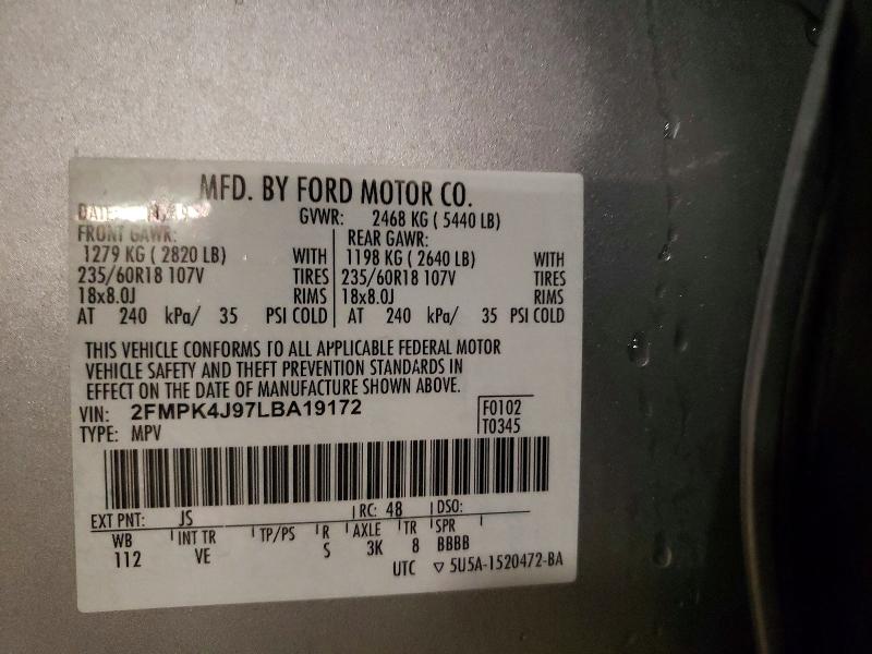 69379816 :رقم المزاد ، 2FMPK4J97LBA19172 vin ، 2020 Ford Edge مزاد بيع