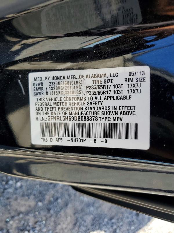 68648386 :رقم المزاد ، 5FNRL5H69DB088378 vin ، 2013 Honda Odyssey مزاد بيع