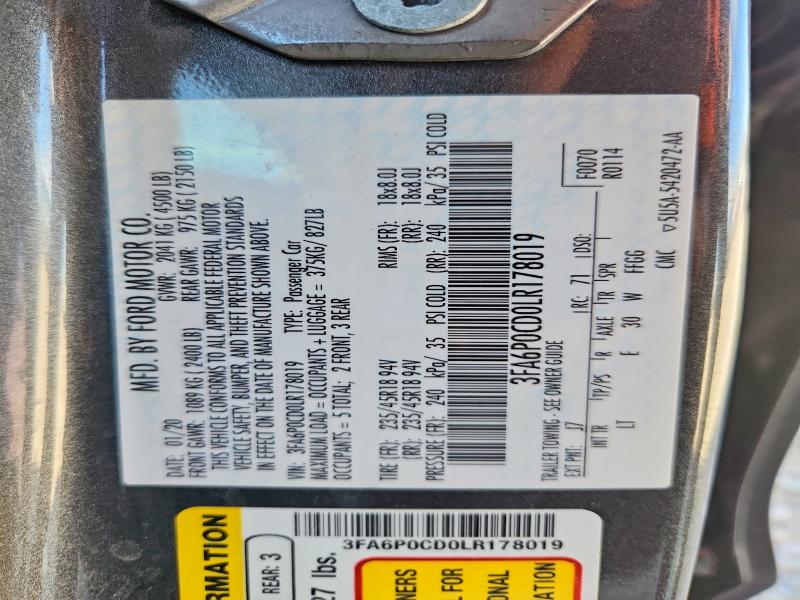 Продаж на аукціоні авто 2020 Ford Fusion, vin: 3FA6P0CD0LR178019, номер лоту: 67893116